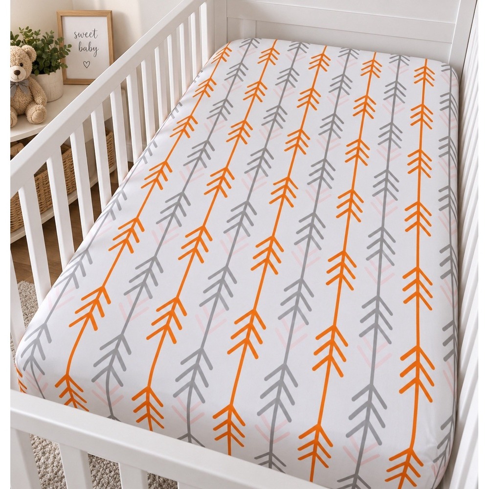 Levtex Baby Crib Fitted Sheet Orange Gray Arrow Print 100% Cotton 28x52